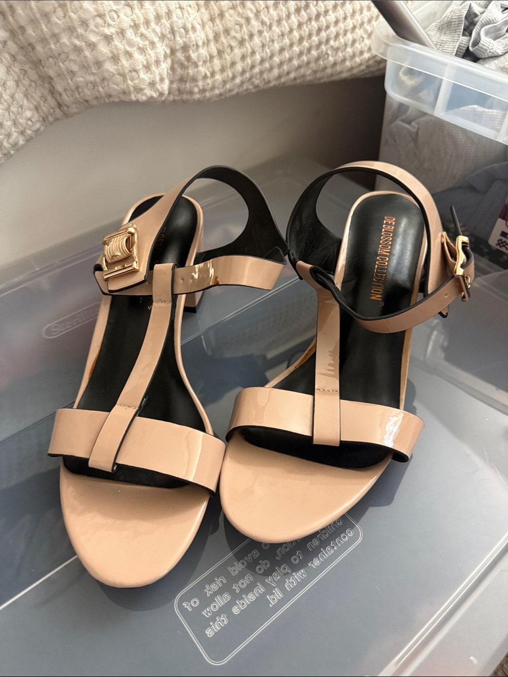 Enzo Angiolini Nude Patent T-Strap Sandals with Gold Buckle